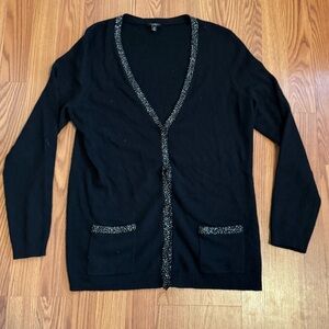 Talbots Lambswool Rabbit Hair Black Shimmer Trim Details Cardigan Sweater Size M